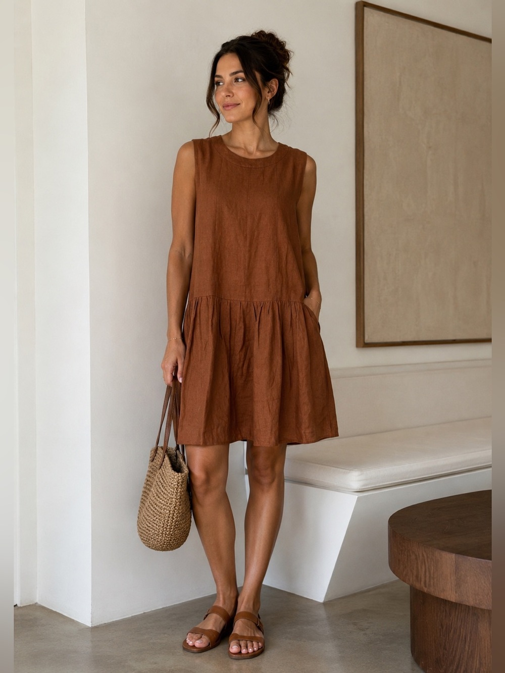 DISSH Joie Linen Babydoll Mini Dress Size US 4 Brown